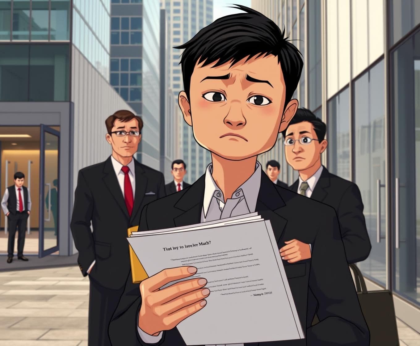 AI generated:
Prompt:
“animeted-style visual of Jack Ma in Silicon Valley, standing outside sleek office buildings of various investors, holding a folder with his business plan. He looks hopefu
