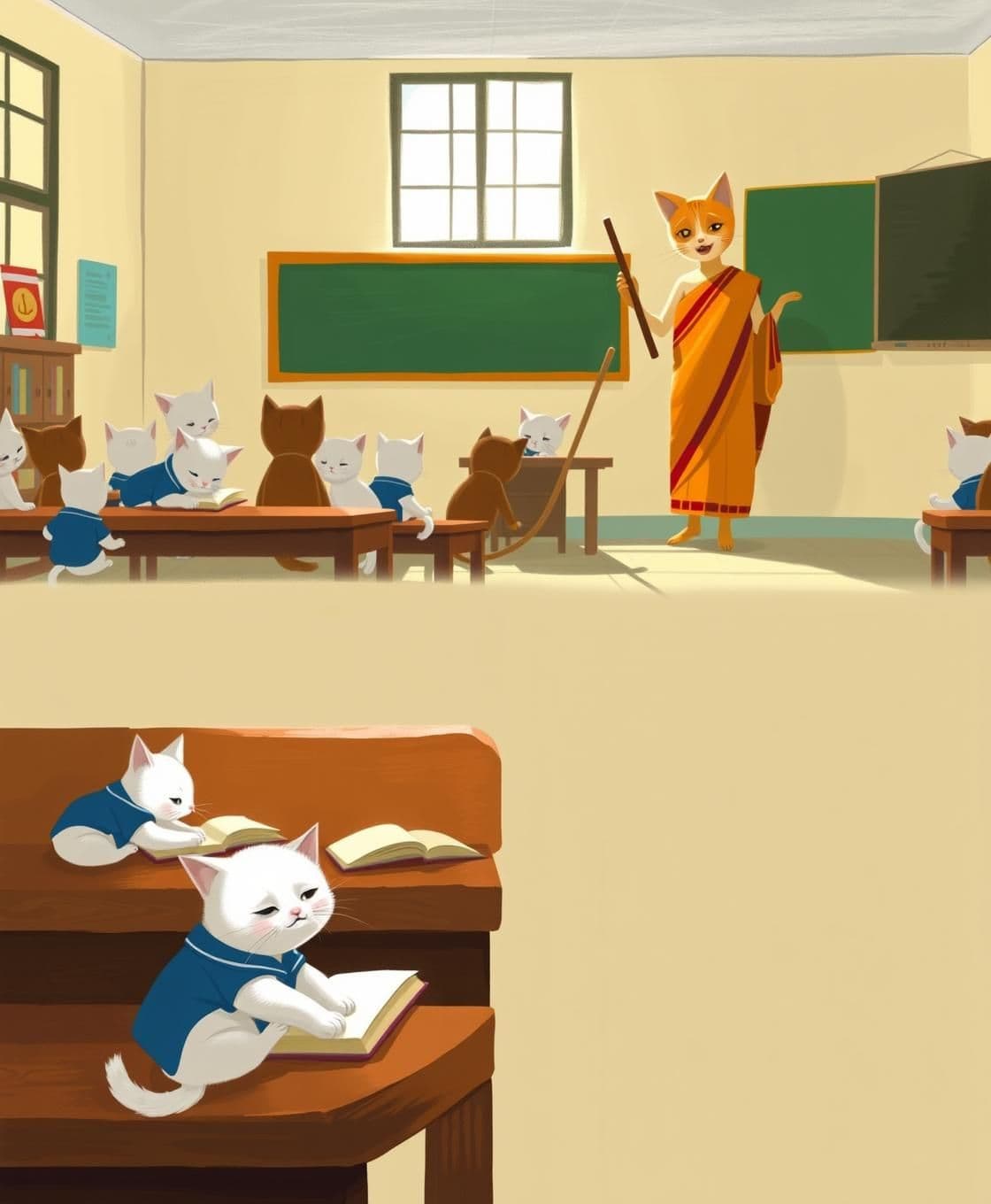 AI generated: Scene 1: Inside a bright classroom, a small white cat baby wearing a blue school uniform is asleep on a wooden bench, head resting on open books. Around her, other cat students whi