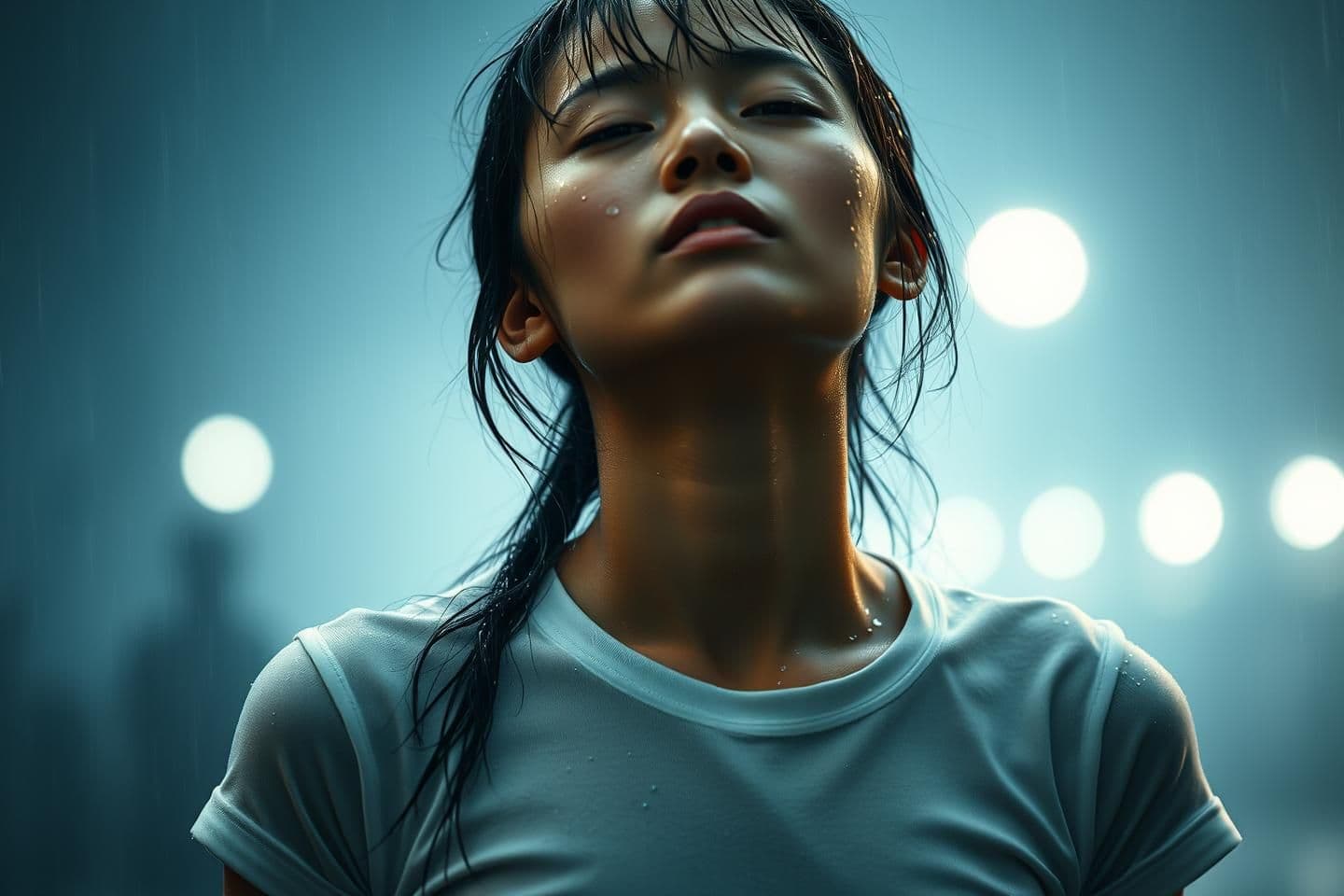 AI generated: Young southeast asia woman, micro-zoom, cinematic portrait in a heavy rainstorm. Primary reference image must be used for 100% identical face, body, and hairstyle. Subject is weari