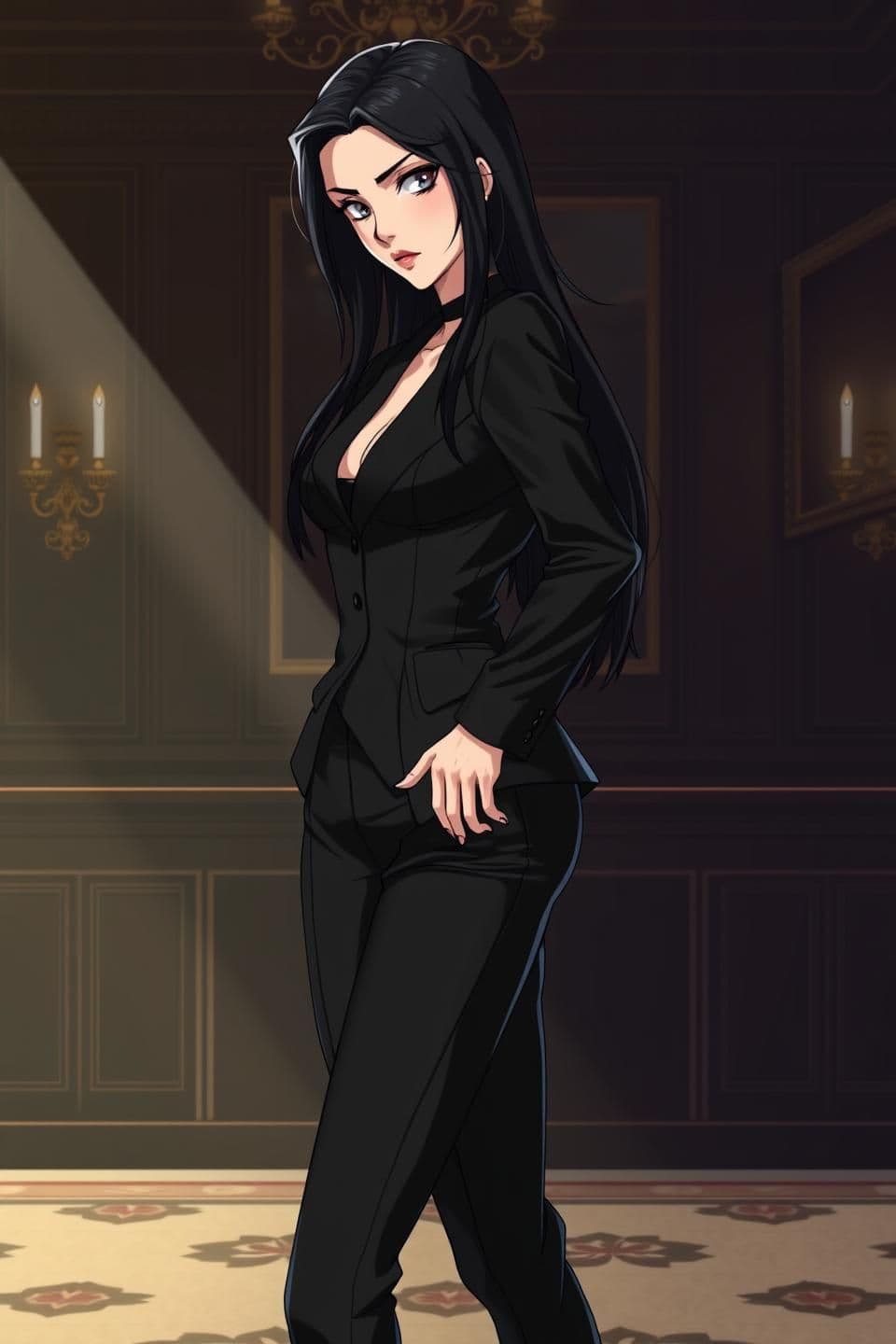 AI generated: Anime-Style Image Prompt:
Anime-style, full-body portrait of Lucilla Sanitti, a cold and beautiful mafia queen, age 28. Sharp, elegant features, long dark hair styled sleekly. Wea