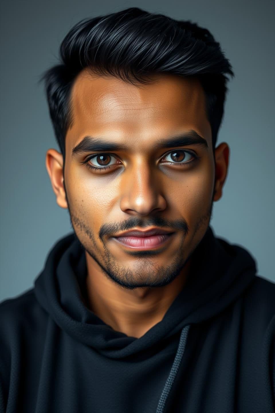 AI generated: “A high-resolution studio-style portrait of a 21-year-old man looking forward. Clean, soft studio lighting, sharp details, and natural skin texture. In the background, create a smo