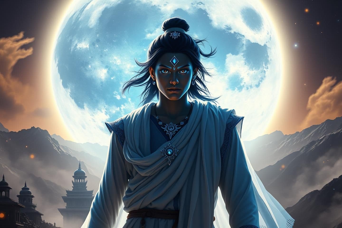 AI generated: YouTube thumbnail style artwork of Chandra, a young celestial warrior-sage standing dramatically in front of a huge glowing full moon. Intense blue and silver lighting on his face,