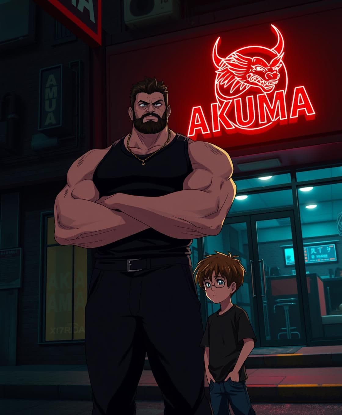 AI generated: Anime style, dark gritty atmosphere, night time, neon-lit street, exterior of "AKUMA MMA" gym with large red glowing sign and a fierce oni/demon dragon logo, dramatic rim lighting,