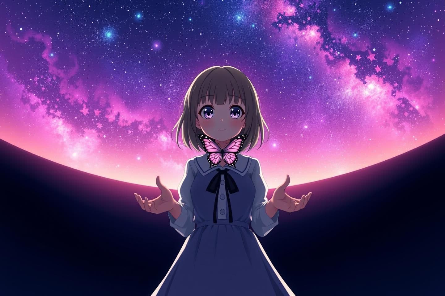 AI generated: generate me a girl angle with two off hands standing in the dark planet and seeing a sky that is a beautiful purple, blue, pink galaxy. Make that an anime character, and make this