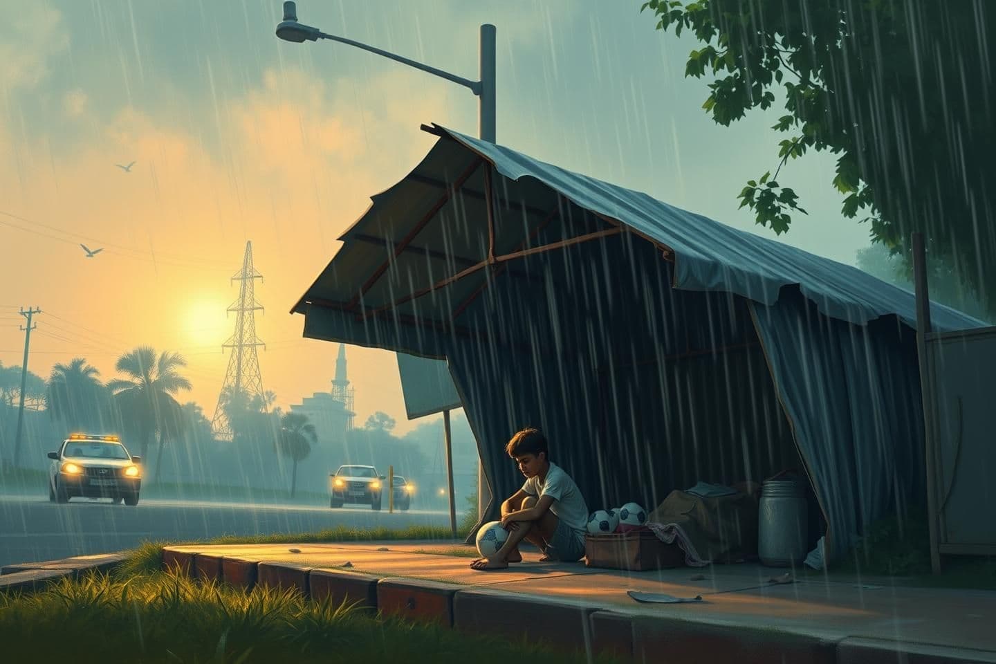 AI generated: IMPORTANT: Generate with all text in Hindi script only. Every evening, at a corner amidst the city's glittering streets, children played football. On that same field-like footpath,