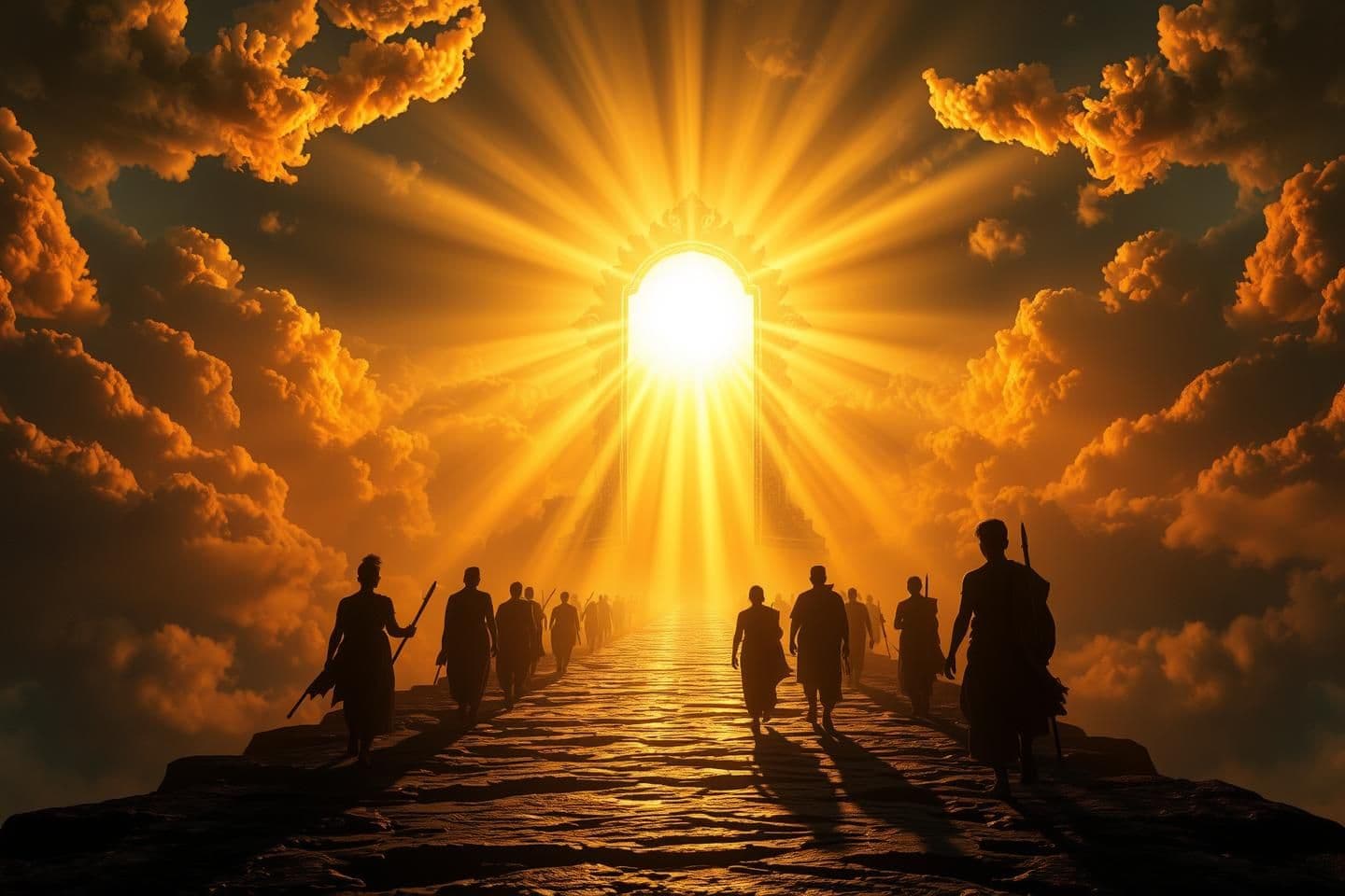 AI generated: 4kAncient Hindu spiritual scene inspired by Garuda Purana, a glowing heavenly gate opening in the sky, divine golden light beams falling onto a path of righteousness, silhouettes o