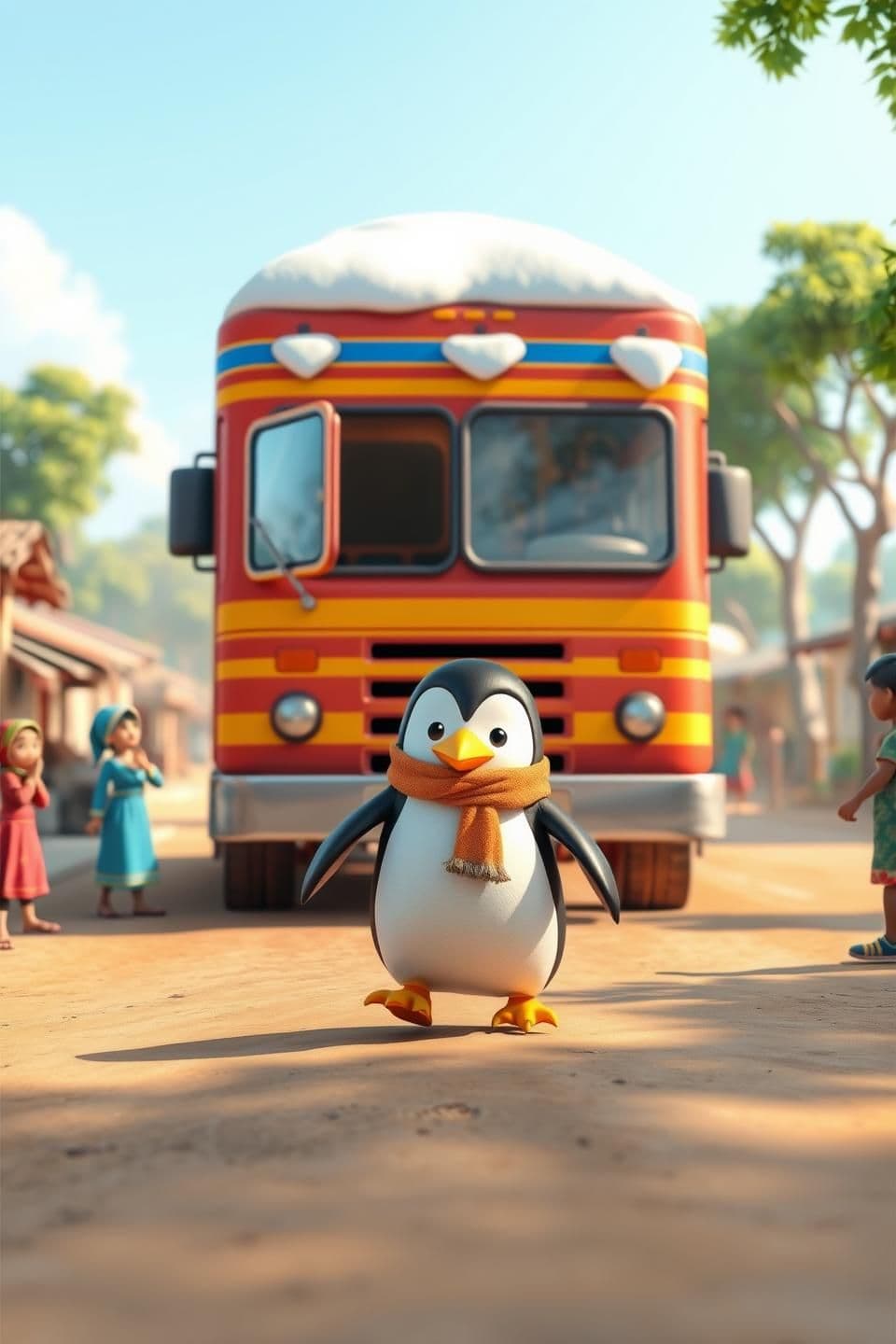 AI generated: 3D cartoonish rural Indian village street, small huts, dusty road, and trees. A big colorful ice truck with snow and frost on it stops in the middle of the road. Villagers watch cu