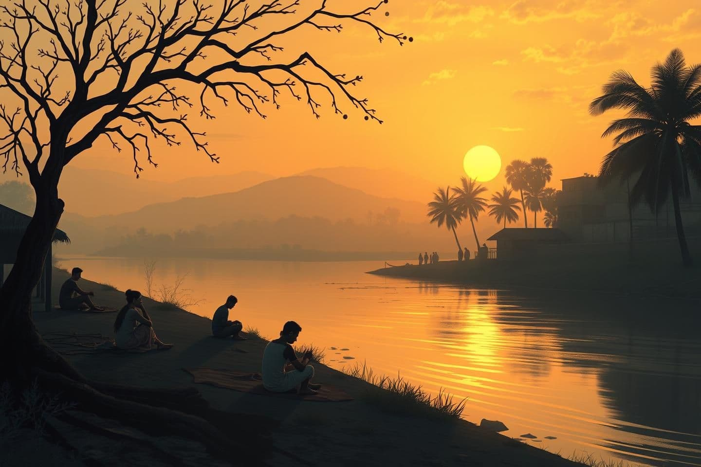 AI generated: A calm yet emotional scene showing human life and sorrow, an Indian village at dusk, people sitting silently near a river, soft golden sunset, spiritual mood, cinematic lighting, p