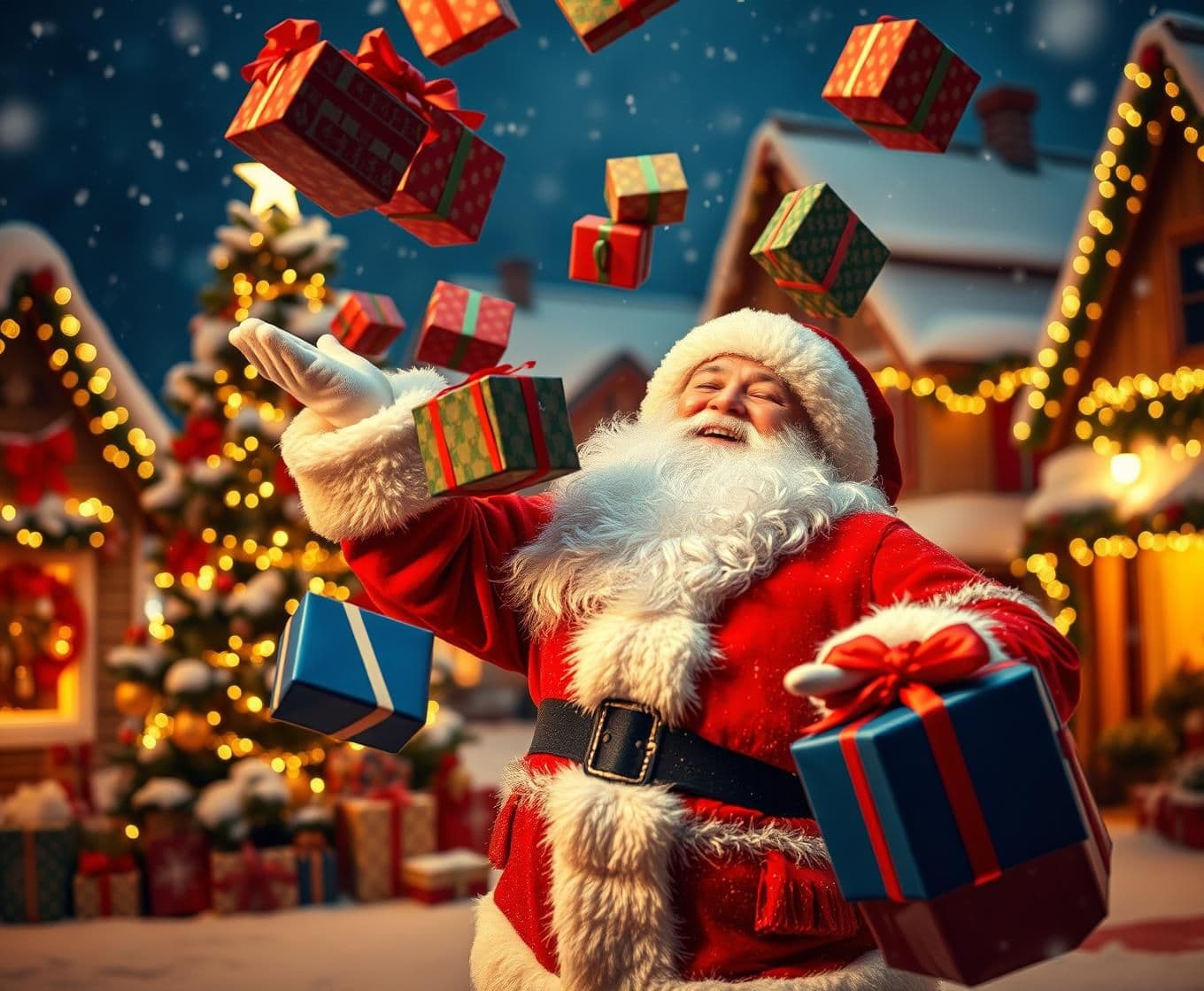 AI generated: A festive Christmas scene showing Santa Claus in his classic red suit joyfully spreading and tossing wrapped gifts around him. Colorful present boxes fly through the air as Santa l
