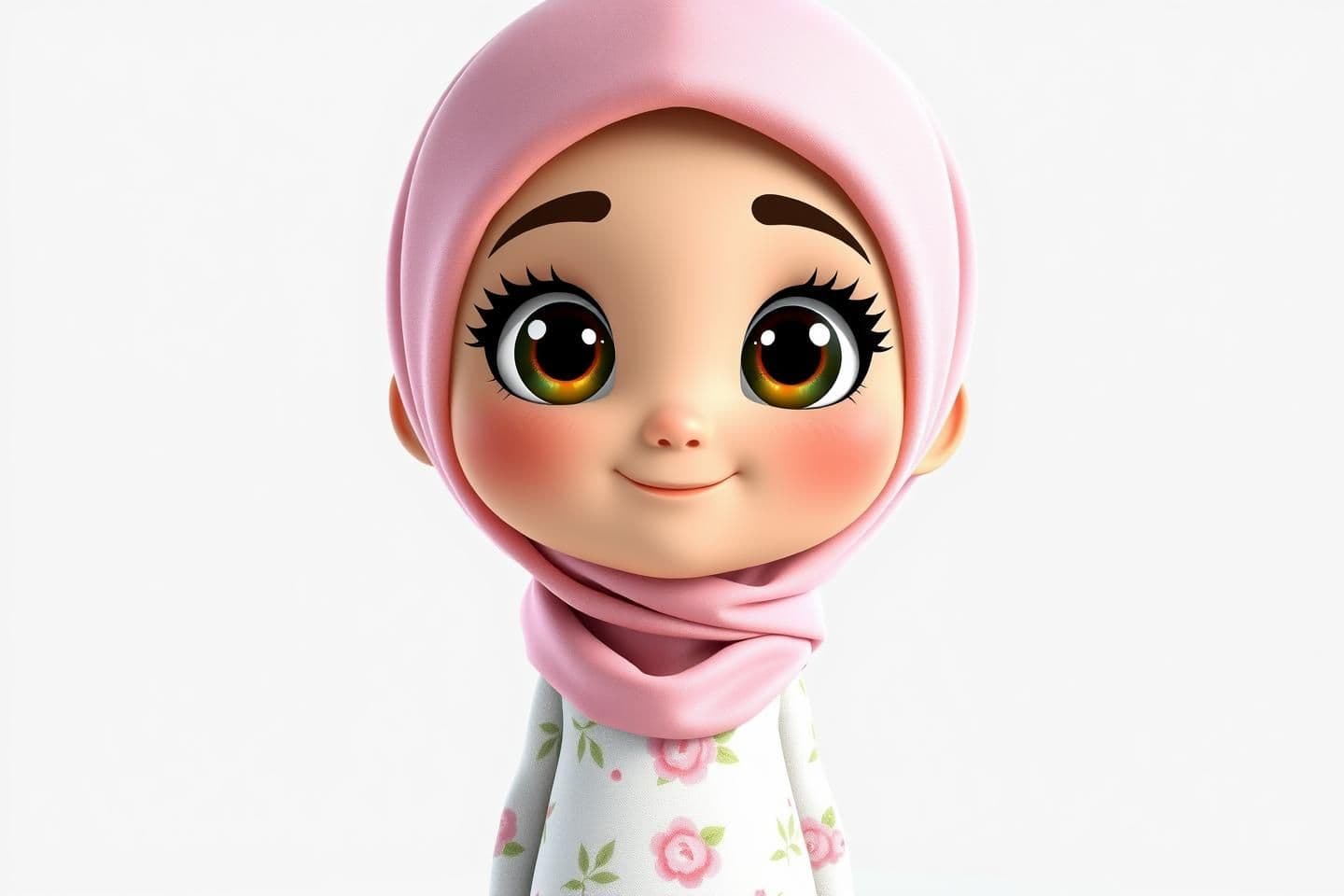 AI generated: A cute 3D cartoon Muslim girl character, wearing a beautiful pastel pink hijab and a modest long floral dress, big expressive sparkling eyes, adorable innocent smile, rosy cheeks,