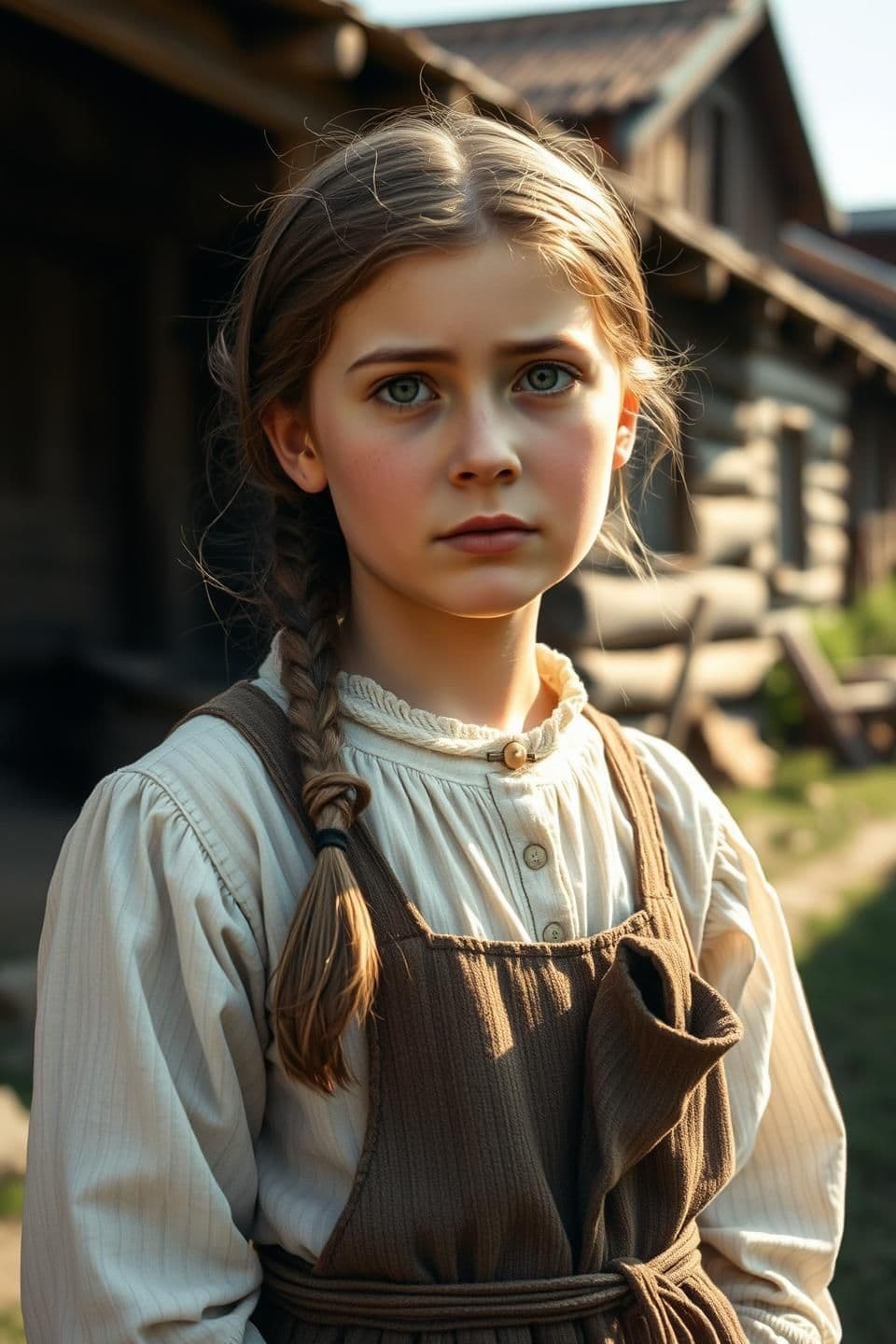 AI generated: A young Bulgarian girl in the 1920s countryside, representing a childhood version of Baba Vanga. She has soft Slavic features, simple rural clothing, braided hair and a gentle , in
