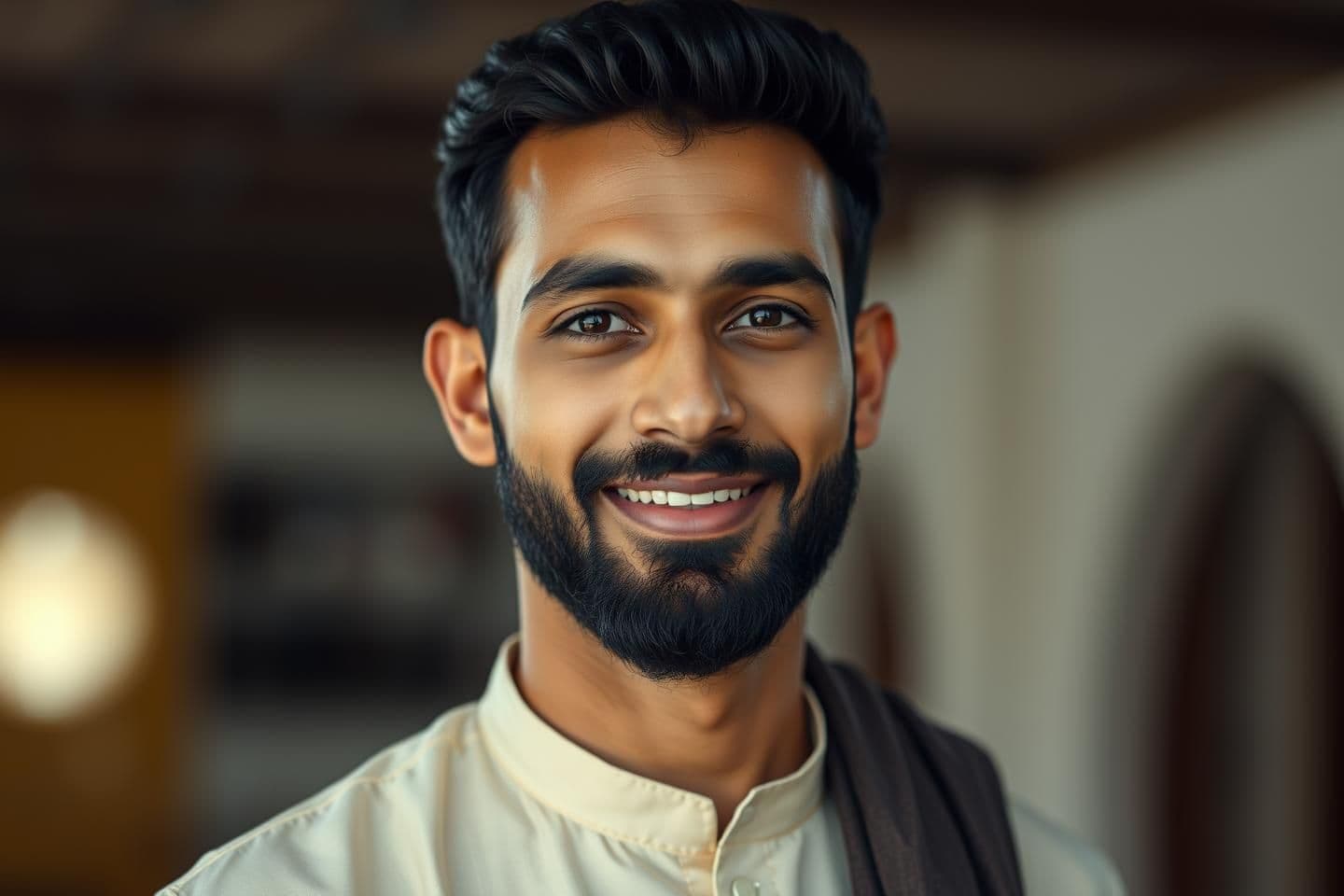 AI generated: “very attractive Bengali Muslim man in his early 30s, charming soft eyes, sharp jawline, perfectly trimmed beard, smooth skin texture, thick black hair, gentle smile, confident but