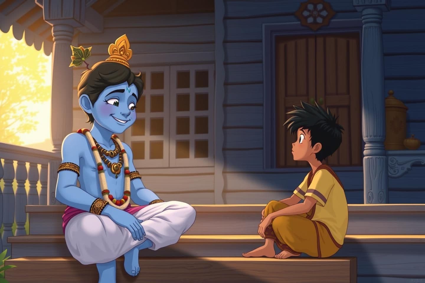 AI generated: A blue-skinned Krishna-like cartoon character sitting on wooden porch stairs, smiling kindly and talking to a modern Indian teenage boy sitting on the floor, village house backgrou