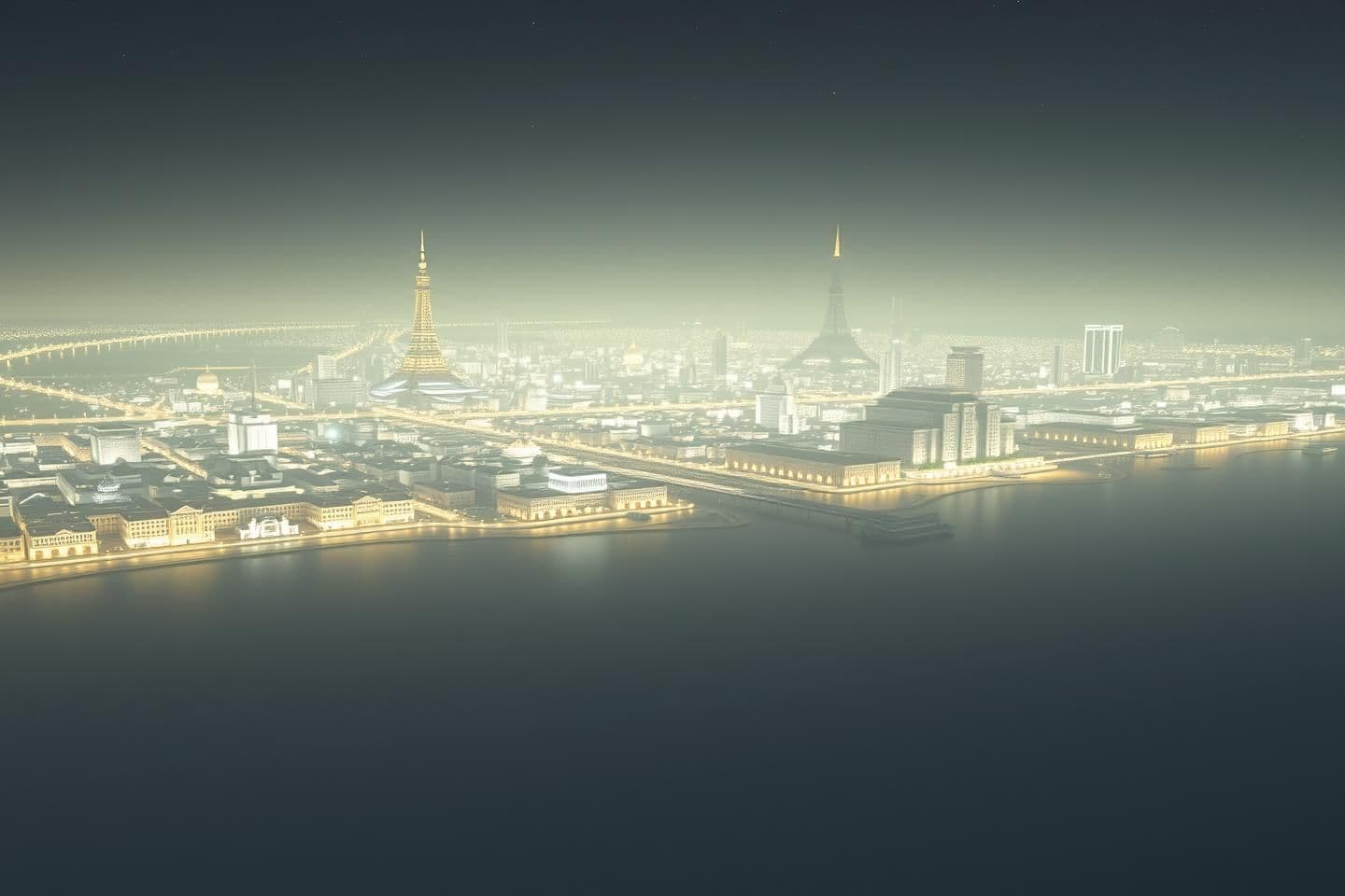 AI generated: Make a few images of a sprawling vast capital city in the middle of a vast salt flat at night. The city should have buildings that look modern and almost like ivory but should have