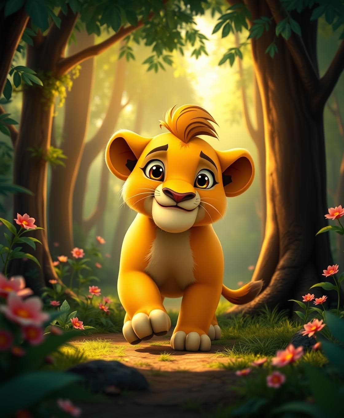 AI generated: IMPORTANT: Generate with all text in Tamil script only. Honey in the pot ๐ฏ add cinematic and cool A little lion is walking through a dense forest. The lion always has a smile on h