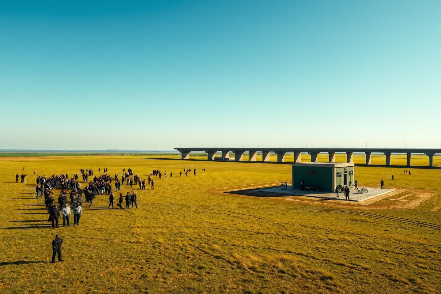 AI generated: A wide aerial view of an open green field under a bright clear sky. Groups of angry people are standing in scattered clusters across the field, people are too many, exactly in the