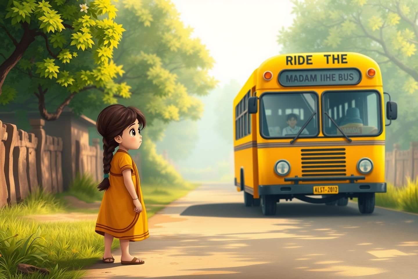 AI generated: “A beautifully illustrated cinematic scene of a young Indian village girl standing on a quiet rural road, wearing a mustard-yellow traditional dress with a braid. She looks curious