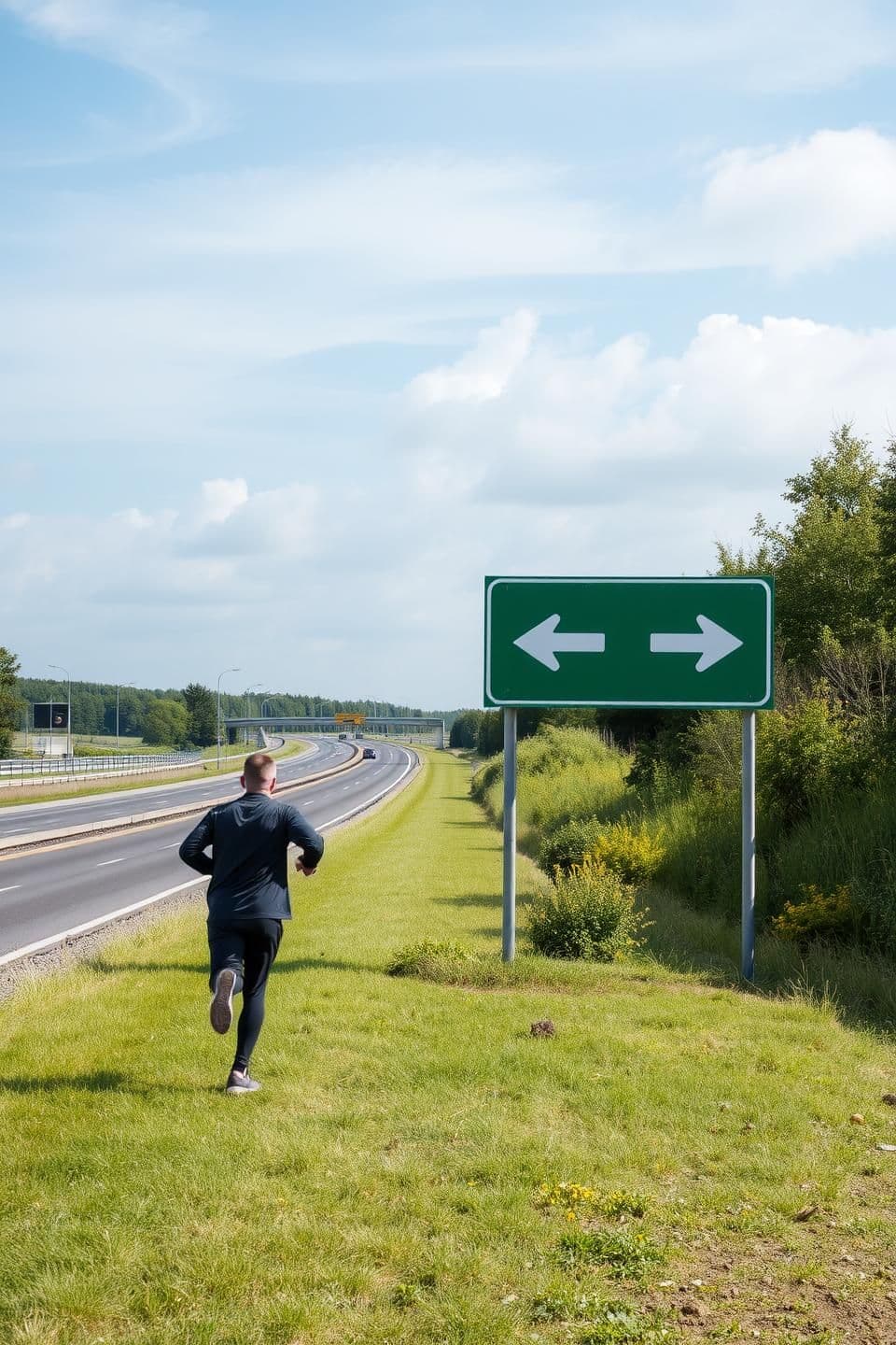 AI generated: i want a image where man is running towands right side on the left side there is highway with sky and greenary as background i want green sign board in front of man man man should