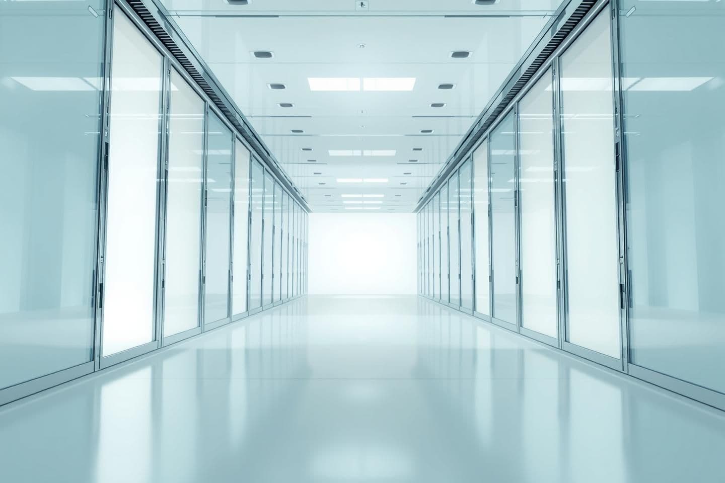 AI generated: A highly stylized 3D render showing a pristine corridor made of glass and chrome stretching into white fog, illuminated by bright, sterile daylight from an unseen source, backgroun