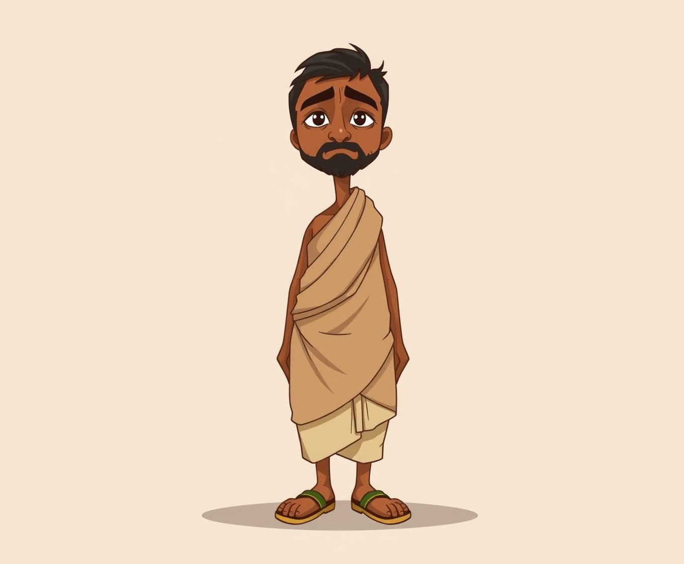 AI generated: “2D village-style character, clean vector illustration, soft shading, flat colors, rural Indian setting, expressive face, minimal outlines, gentle textures, traditional clothing, w