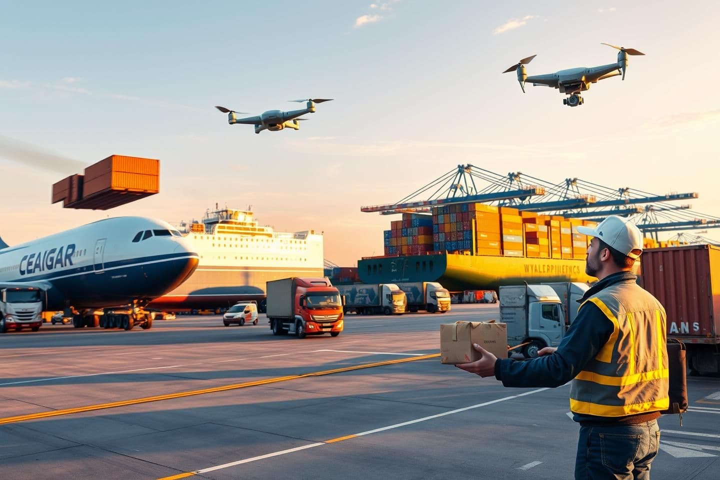 AI generated: A single cohesive, photorealistic scene of a modern global logistics hub during golden hour. An air cargo plane is being loaded with freight containers on the left, a large shippin