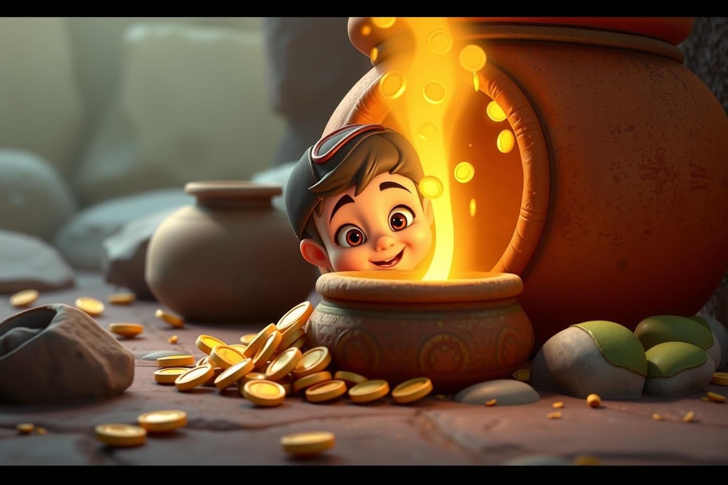 AI generated: IMPORTANT: Generate with all text in Hindi script only. Bright and attractive YouTube thumbnail. A 3D cartoon style (like Pixar). The scene features a small, happy, and curious boy