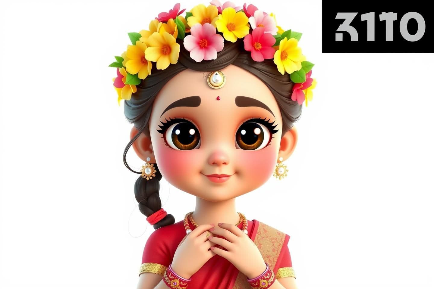 AI generated: A beautiful 10-year-old girl character, no background — pure white or transparent background. She has big, shiny eyes with thick black kajal, soft pink eyeshadow above the eyes, an