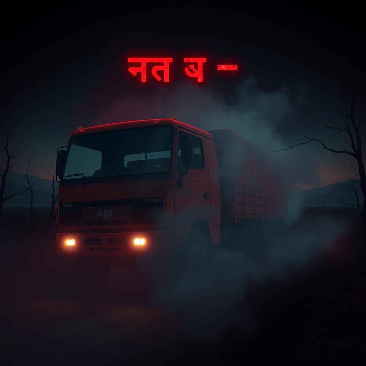 AI generated: “2D semi-realistic horror style, dark foggy night, red ghost truck with glowing headlights hovering slightly above road, burnt shadowy driver silhouette in seat, eerie mist swirlin