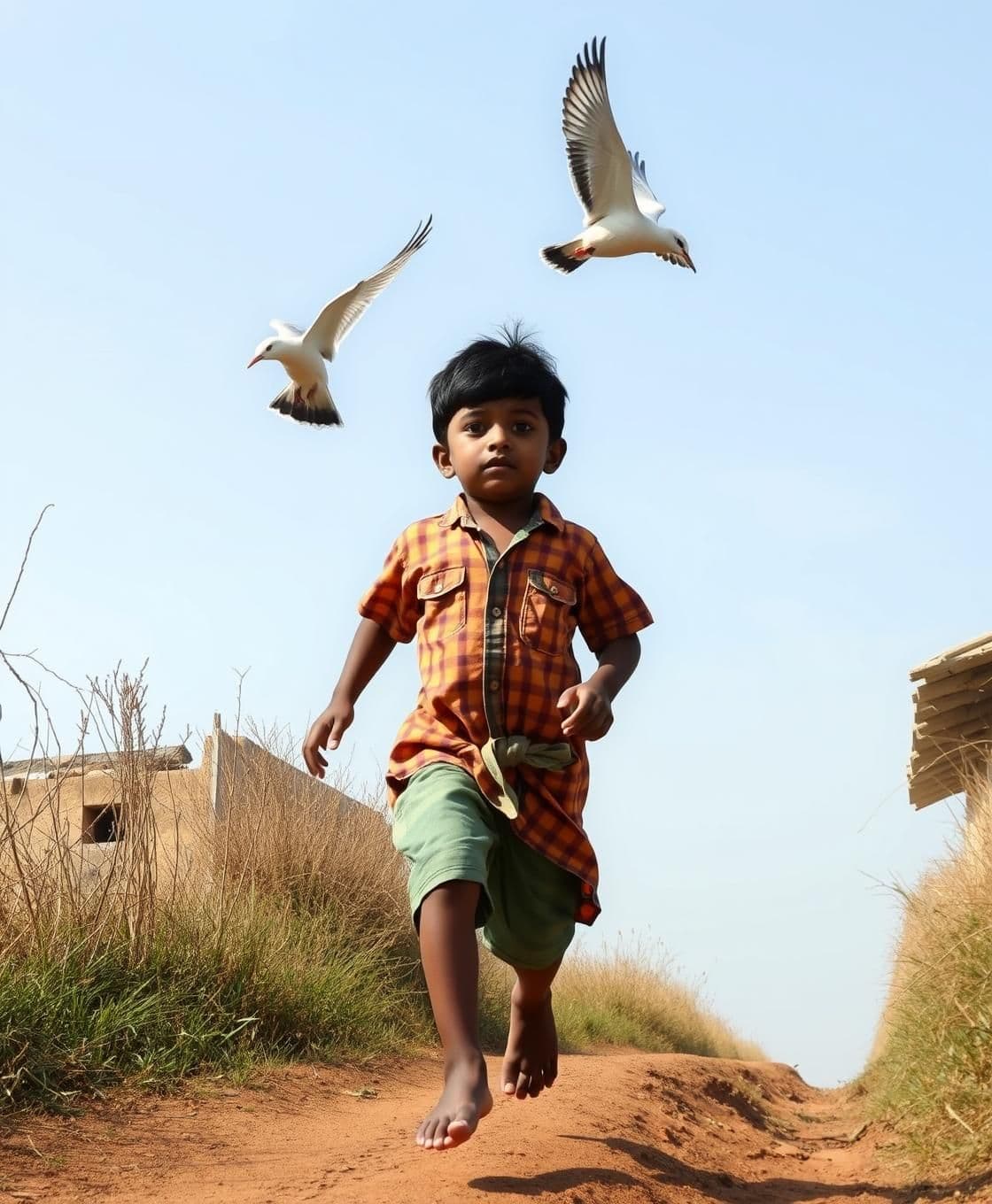 AI generated: IMPORTANT: Generate with all text in Hindi script only. The little boy had no expensive clothes or toys, but he did have a big dream. Running barefoot along the narrow village path