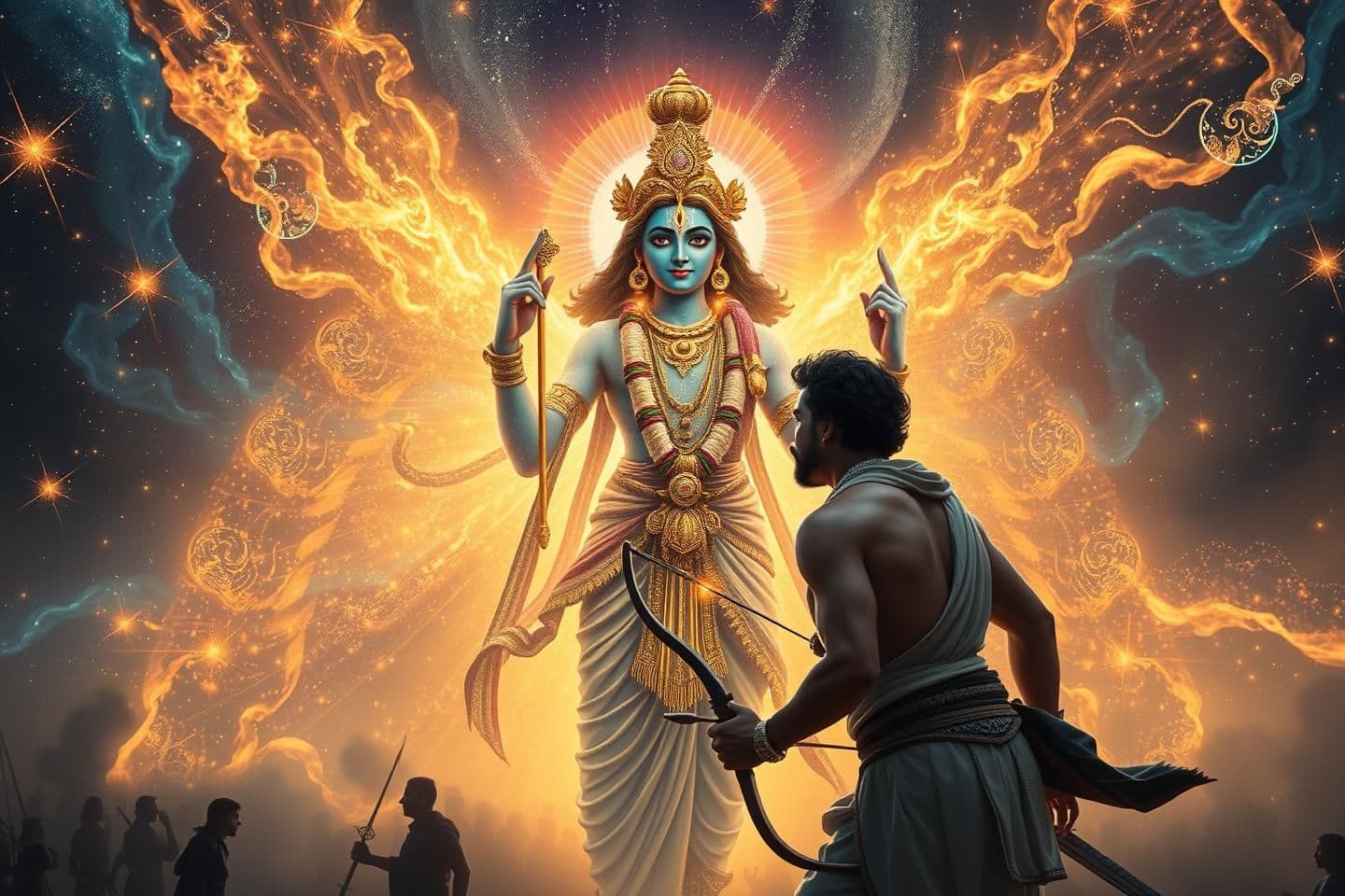 AI generated: /journey A divine and majestic scene where Lord Krishna reveals his deep cosmic divine form before a fully surprised Arjuna on the battlefield of Kurukshetra. Lord Krishna stands ,