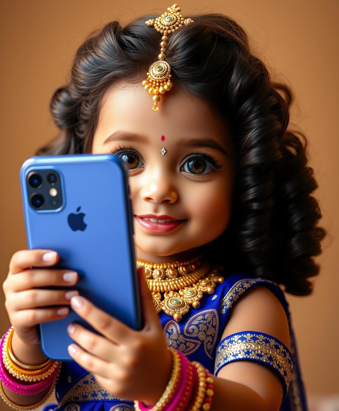 AI generated: “Super cute baby girl holding an iPhone in selfie mode, royal heavy curly hairstyle with accessories, small elegant nose pin, detailed gold necklace, multiple bangles, glossy brigh