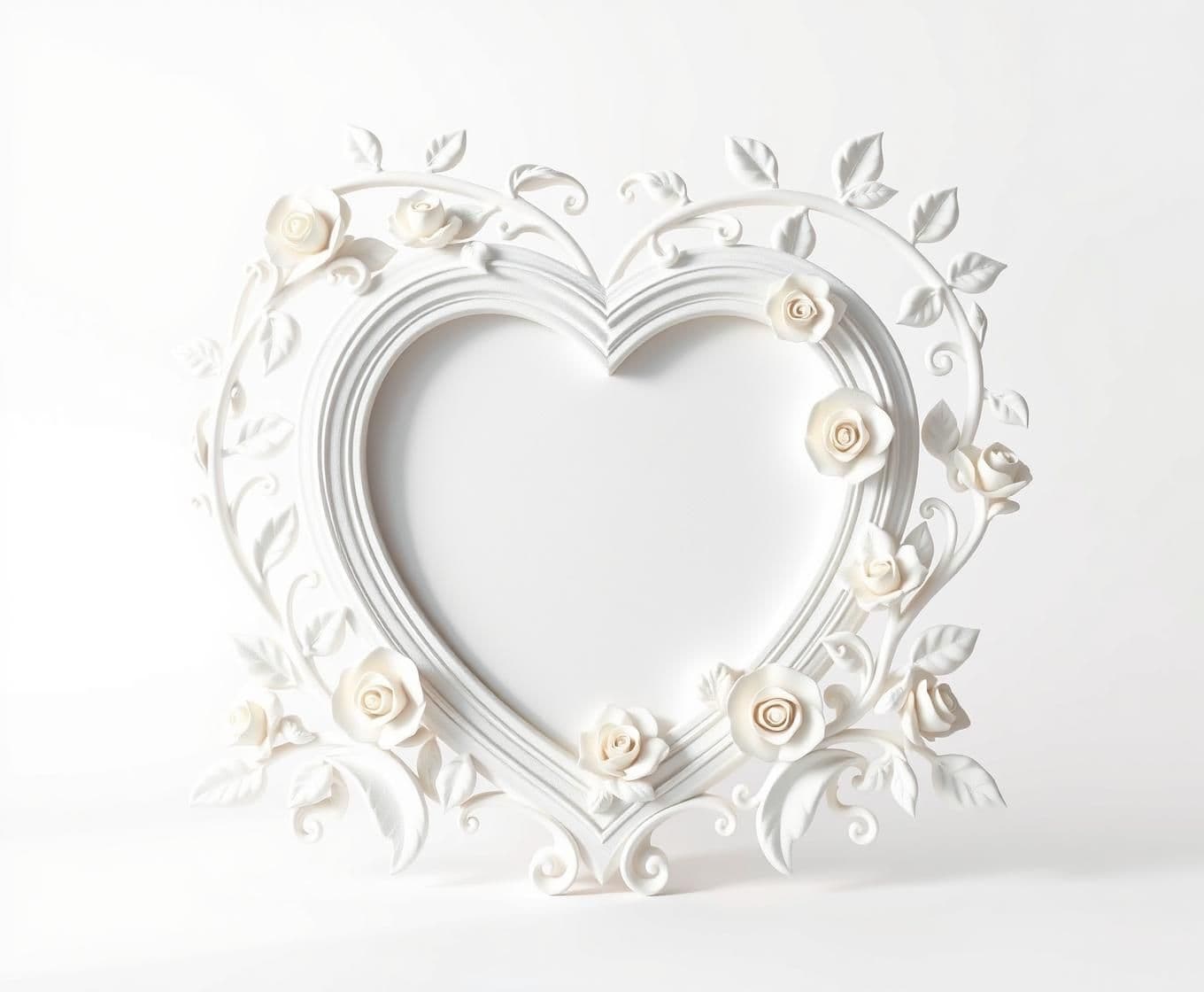AI generated: Well structured Heart shape and A beautiful 3D printed photo frame with flowing organic vines and delicate roses, art nouveau style, seamless continuous design, matte white PLA mat
