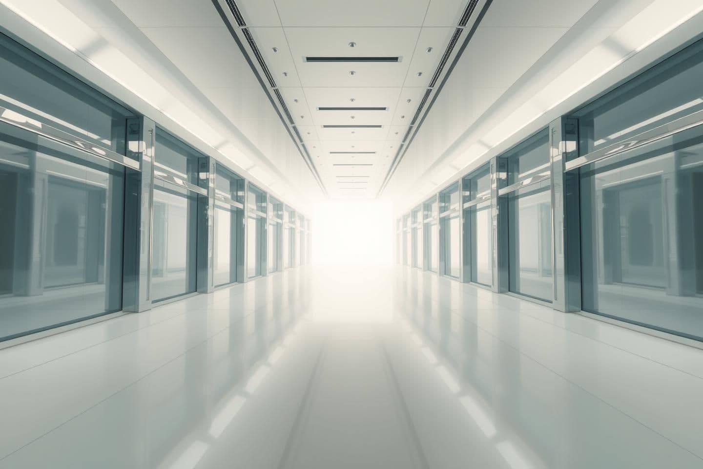 AI generated: A highly stylized 3D render showing a pristine corridor made of glass and chrome stretching into white fog, illuminated by bright, sterile daylight from an unseen source, backgroun