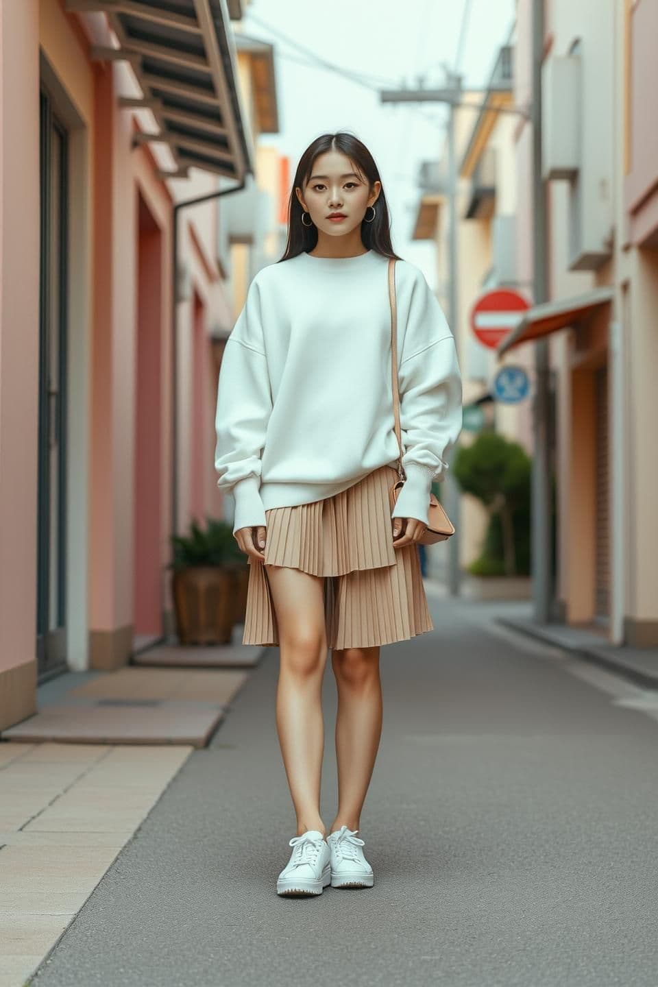 AI generated: “A Korean fashion girl standing in a soft pastel street background, slightly far away from the camera. Clean realistic style. Soft natural lighting, light pink & beige tones. Calm