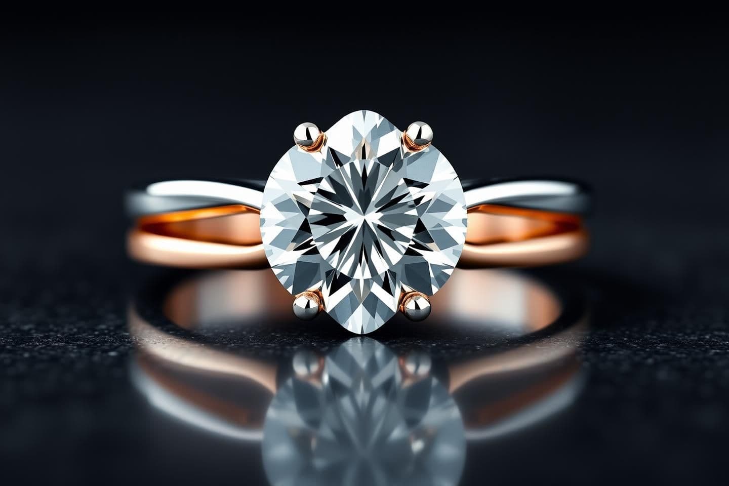 AI generated: Create a high-definition image of the above two-tone diamond ring featuring silver and rose gold metal with a round brilliant-cut diamond. The ring should be a luxury black reflect