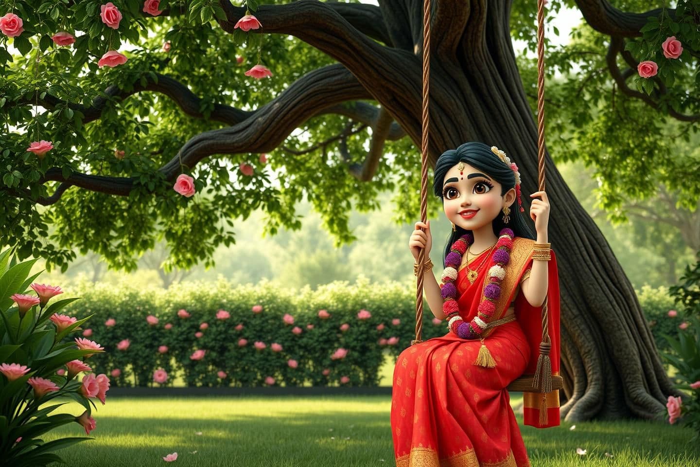 AI generated: IMPORTANT: Generate with all text in BN script only. In the middle of a beautiful garden, where a 3D style girl is swinging under a huge tree. She is a Hindu woman, no hijab on her
