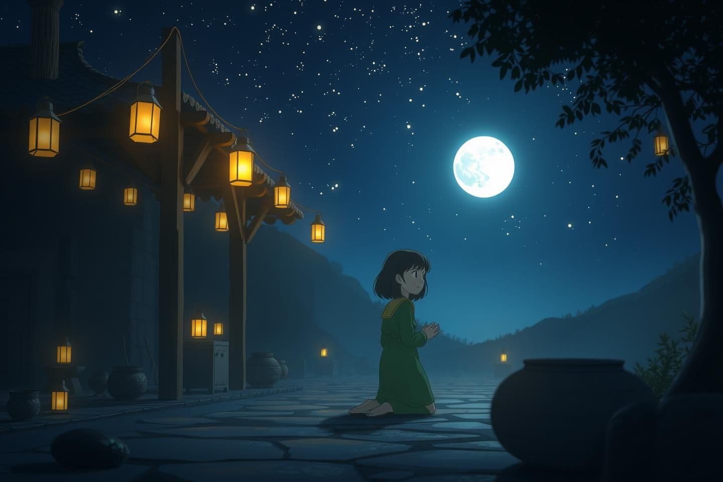 AI generated: Nighttime Ghibli-style scene lit by lanterns.
Young Rabia, now a servant girl, works tirelessly — washing, sweeping, and carrying water.
After everyone sleeps, she kneels in prayer