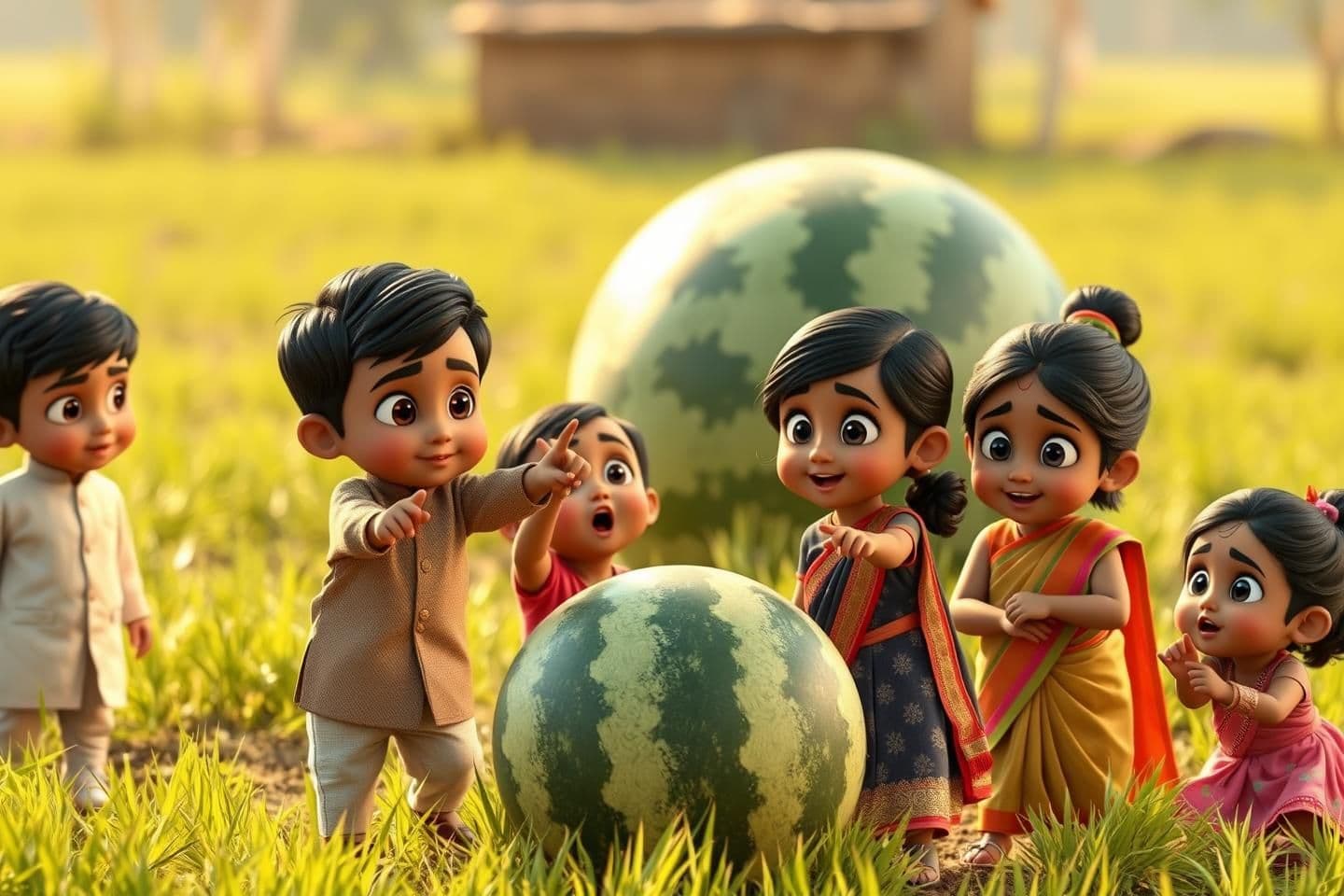 AI generated: “five tiny Indian village kids, age 3–4 years: two Punjabi boys in kurta with short hair, two Punjabi girls in Punjabi suits with ponytails, one small girl in saree with ponytail,