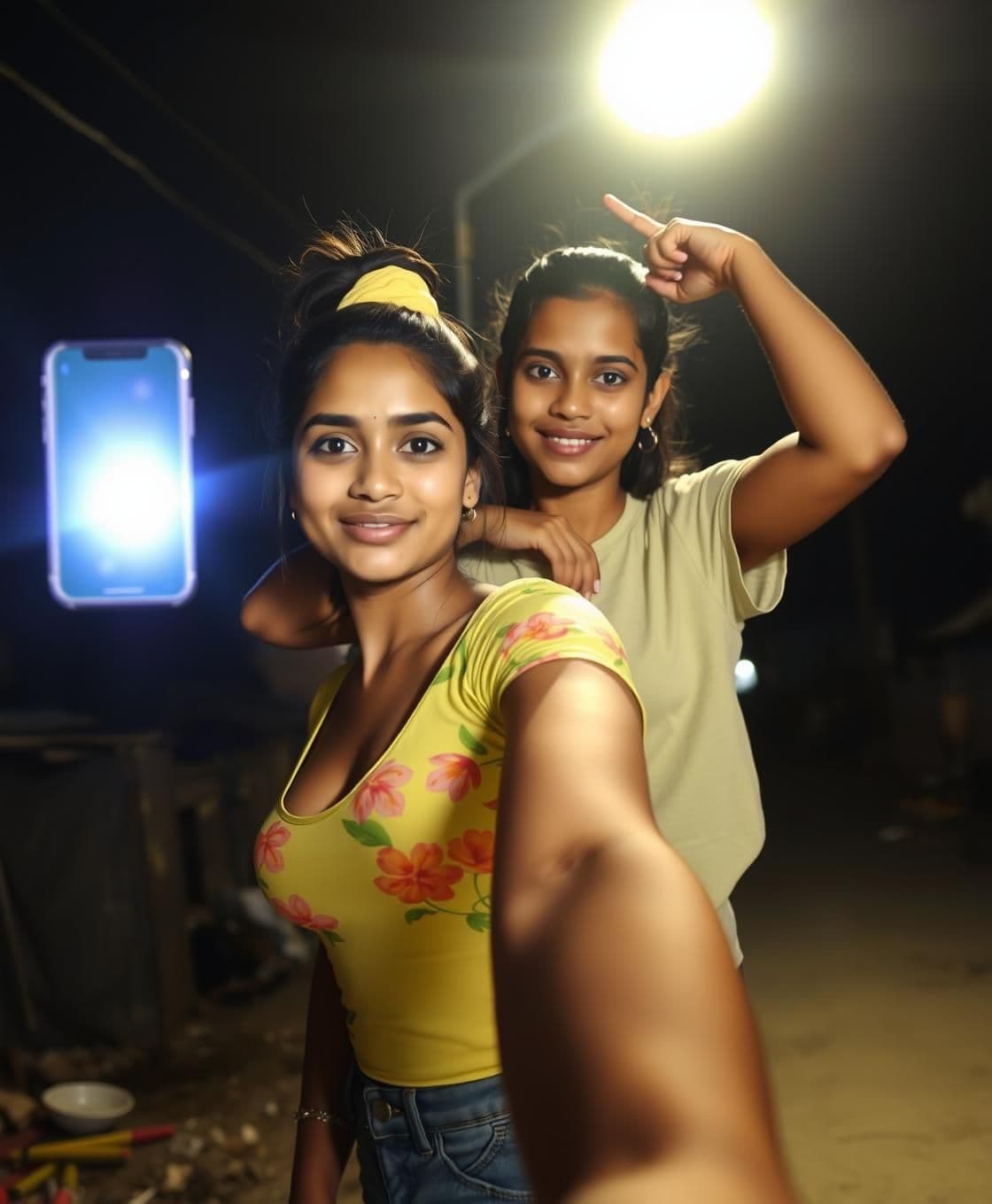 AI generated: A young beautiful Indian woman taking a night selfie under a bright streetlamp, wearing a tight bright flower printed t shirt top with deep neckline, high ponytail with yellow scru