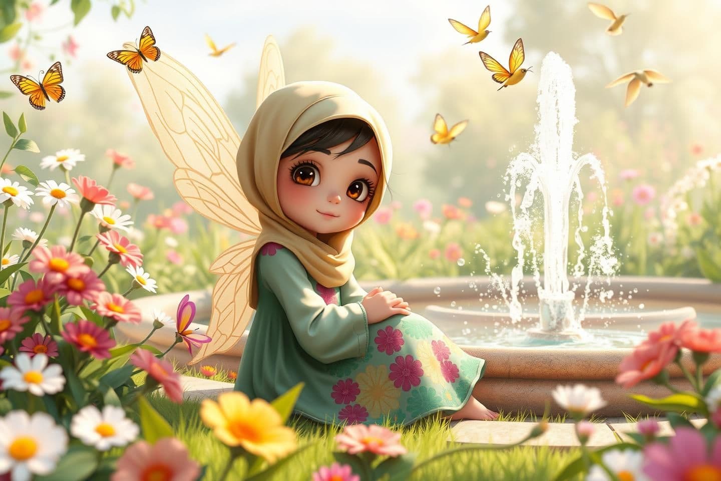 AI generated: IMPORTANT: Generate with all text in BN script only. A 12-year-old fairy sitting by a fountain in the middle of a flower garden, wearing a colorful dress and hijab, and her eyes lo