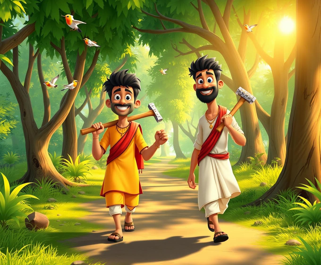 AI generated: Two young Indian men wearing simple village clothes (kurta and lungi), carrying axes on their shoulders, walking together happily through a green forest with birds and sunlight shi