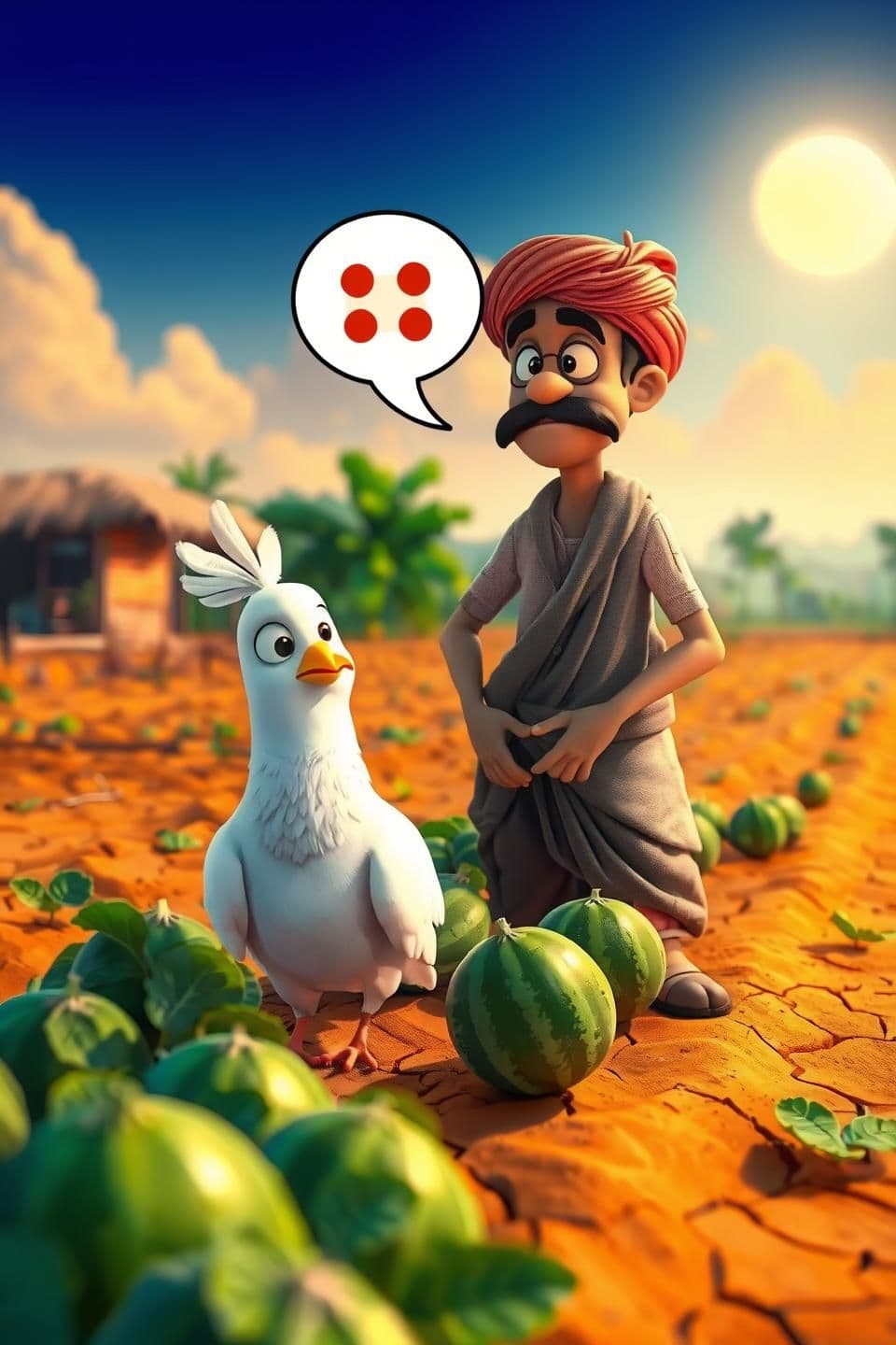 AI generated: “White pigeon talking to the farmer, expressive faces, farmer listening seriously, hyper 3D cartoon style, Indian folk touch, farmland backgroundIndian farmer planting watermelon s