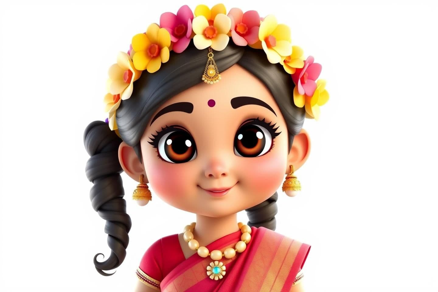 AI generated: A beautiful 10-year-old girl character, no background — pure white or transparent background. She has big, shiny eyes with thick black kajal, soft pink eyeshadow above the eyes, an