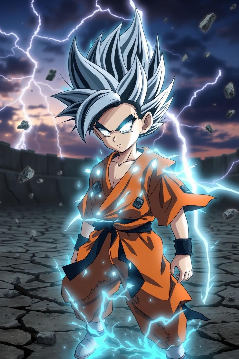 AI generated: Young warrior resembling goten from dragon ball super with spiky black hair and silver-blue aura, glowing eyes, torn orange gi, cracked arena, dramatic lighting — mid-transformati