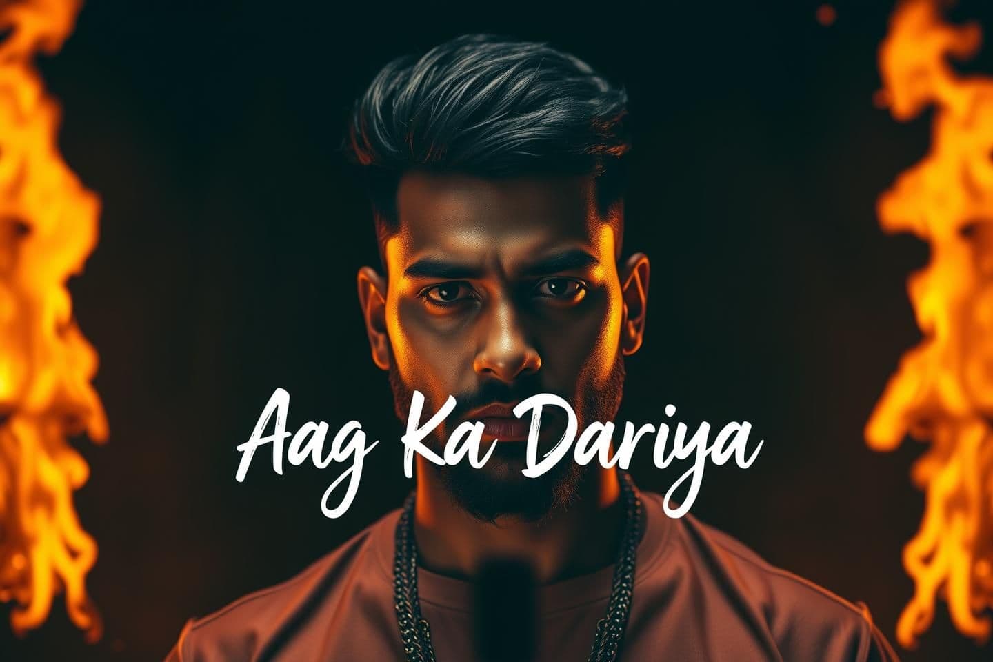 AI generated: A close-up shot of an Indian rapper standing in front of massive rising flames, intense expression, sharp lighting on face, high contrast, cinematic vibe, dark background with brig