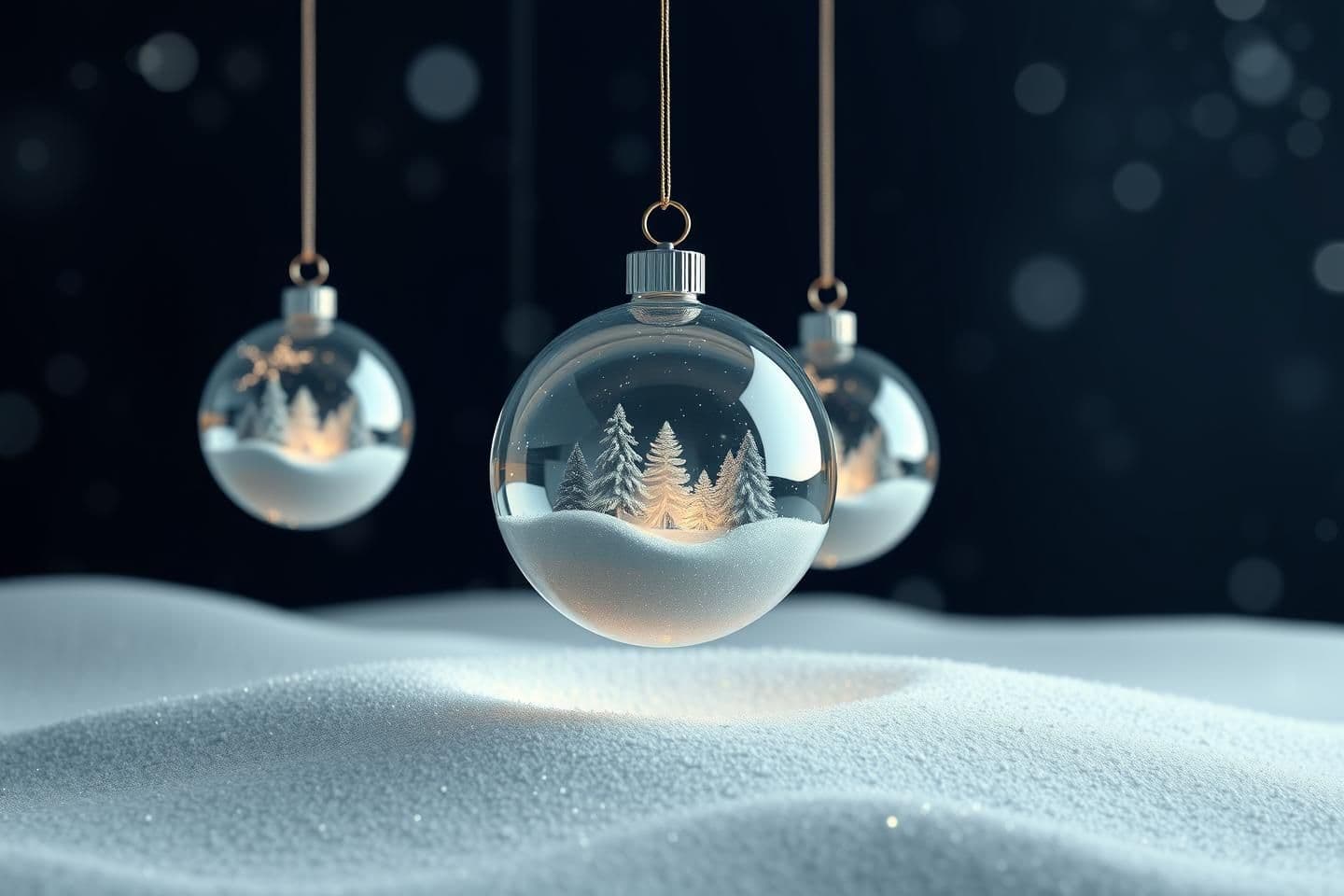 AI generated: Hyper‑realistic “floating ornament nebula” scene: translucent glass baubles levitating softly above a snowy minimal ground plane, inside each bauble tiny frosted landscapes, realis