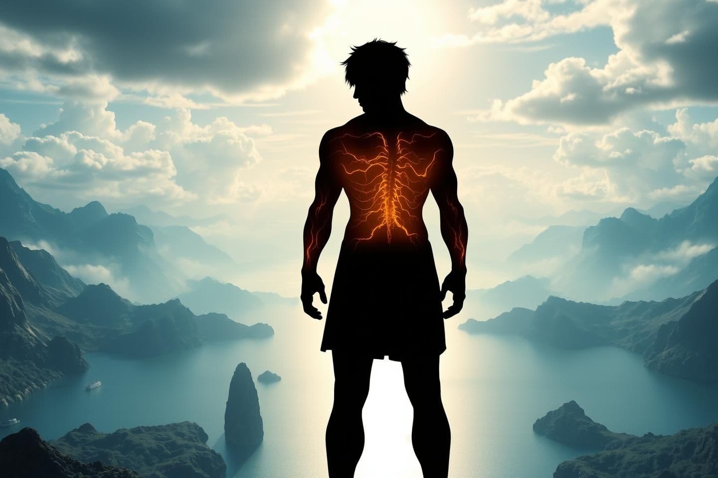 AI generated: Wide landscape showing strong mountains, balanced oceans, a sky suspended without pillars, glowing veins visible inside a human silhouette showing perfect design, style: 3d pixel,