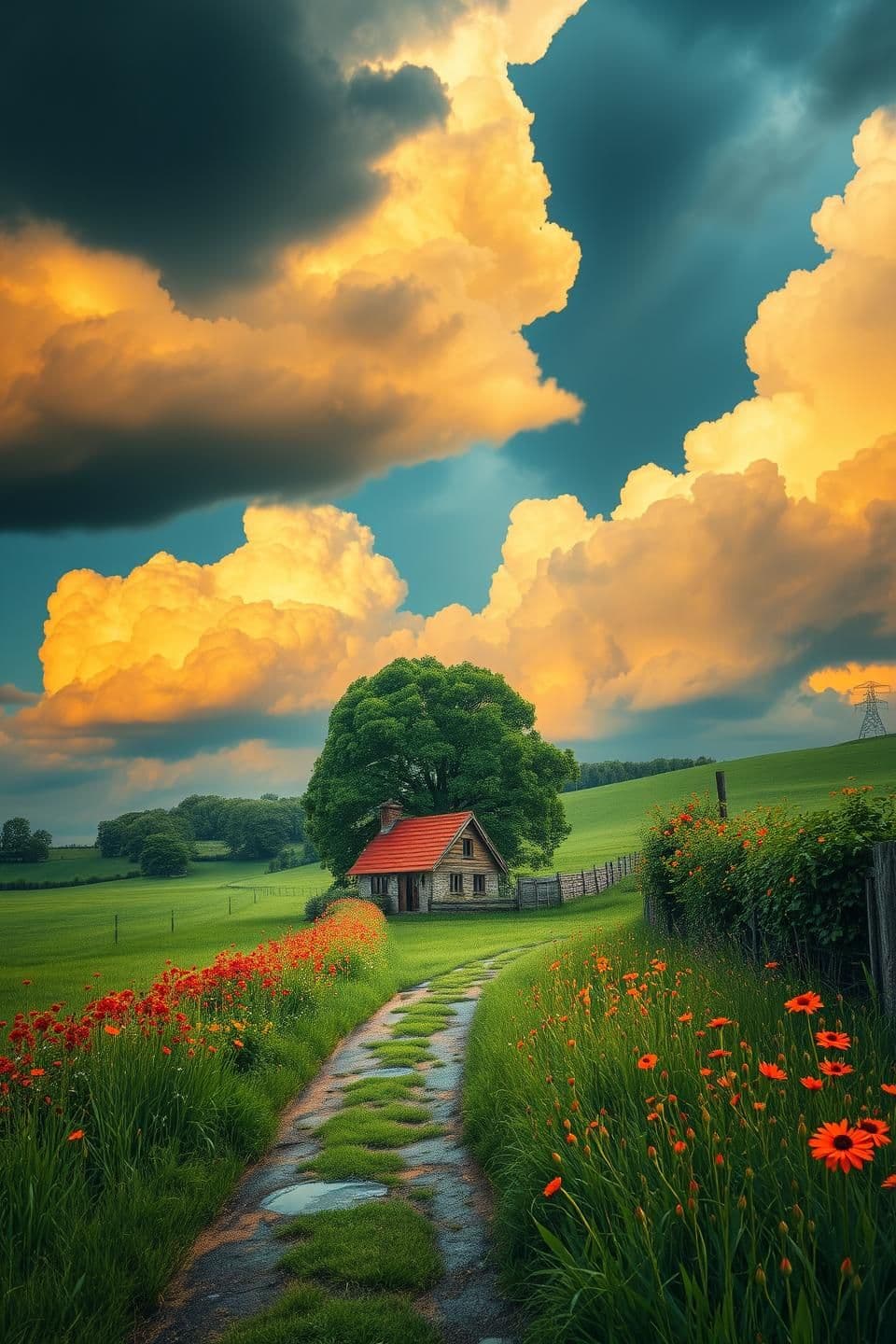 AI generated: Create a landscape of a serene countryside scene during a gentle summer rain. A cozy cottage with a red roof is nestled near a large, lush green tree. The sky is filled with dramat