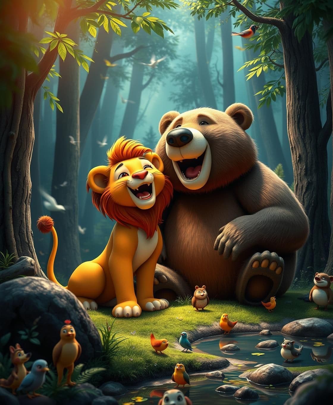 AI generated: IMPORTANT: Generate with all text in Tamil script only. The lion and the big bear are together, sharing their joy with their forest friends. The scene spreads joy and light through