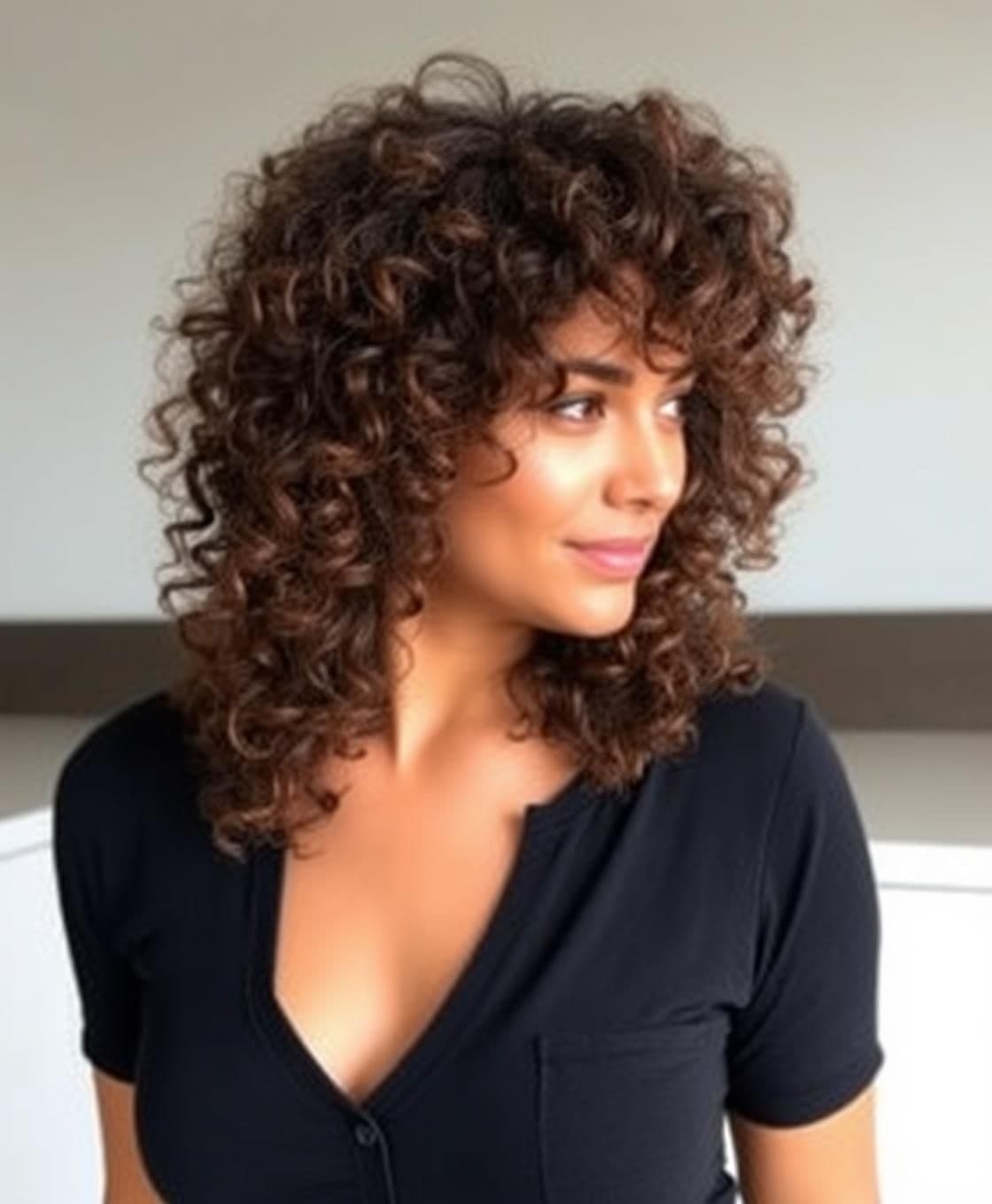 AI generated: Realistic curly hairstyle for a woman with frizzy, undefined curls ( not very much curly hair) , length below shoulders but above waist, square face. Hair has long soft layers star